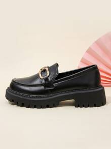 Metal Decor Slip-On Flatform Loafers - Black - View 3
