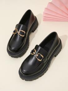 Metal Decor Slip-On Flatform Loafers - Black - View 4