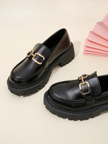 Metal Decor Slip-On Flatform Loafers - Black - View 5