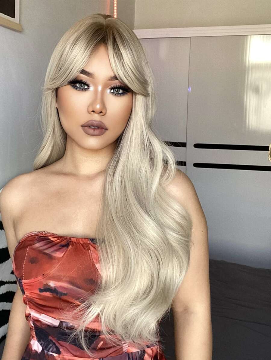 HAIRCUBE 28 英寸金色黑色漸變劉海長捲髮美麗時尚女式合成假髮 - 彩色 - 查看 1