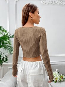 SHEIN EZwear Sweetheart Neck Ribbed Knit Crop Tee - Brown - View 2