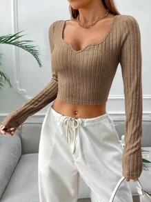 SHEIN EZwear Sweetheart Neck Ribbed Knit Crop Tee - Brown - View 4