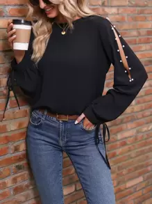 SHEIN LUNE Pearls Beaded Knot Cuff Blouse - Black - View 1