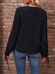 SHEIN LUNE Pearls Beaded Knot Cuff Blouse - Black - View 2