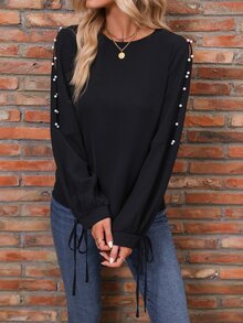 SHEIN LUNE Pearls Beaded Knot Cuff Blouse - Black - View 3