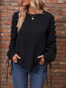 SHEIN LUNE Pearls Beaded Knot Cuff Blouse - Black - View 4