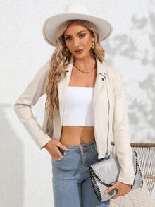 RELISH NOLESS Zip Up Suedette Biker Jacket - Beige - View 3