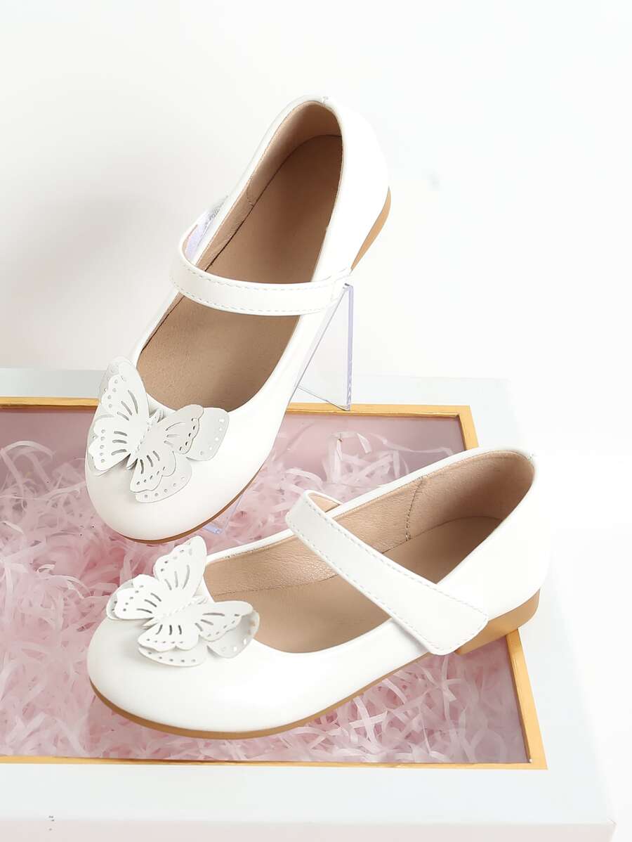 Girls Butterfly Decor Mary Jane Flats - White - View 1