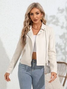 RELISH NOLESS Zip Up Suedette Biker Jacket - Beige - View 7