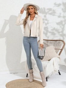 RELISH NOLESS Zip Up Suedette Biker Jacket - Beige - View 8