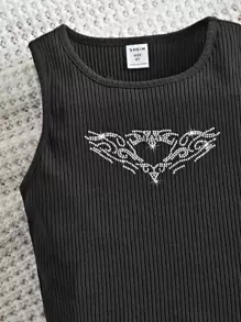 SHEIN Girls Rhinestone Heart Pattern Tank Top - Black - View 3
