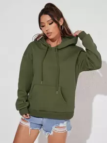 SHEIN Unity Kangaroo Pocket Thermal Lined Drawstring Hoodie - Army Green - View 1