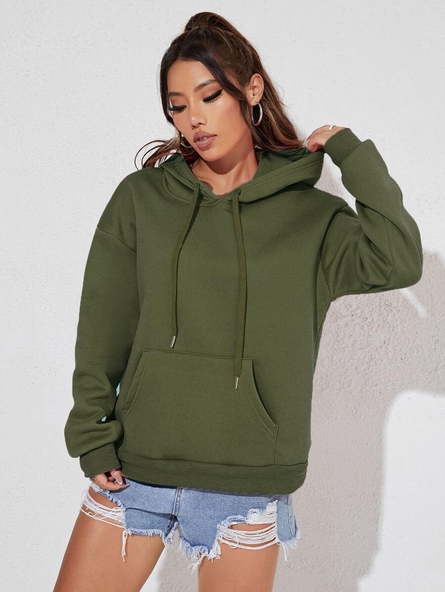 SHEIN Unity Kangaroo Pocket Thermal Lined Drawstring Hoodie - Army Green - View 1