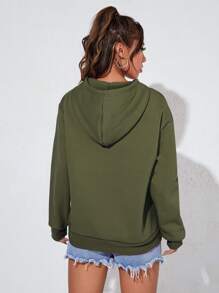 SHEIN Unity Kangaroo Pocket Thermal Lined Drawstring Hoodie - Army Green - View 2