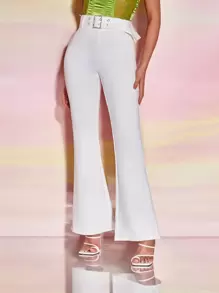 SHEIN BAE Solid Flare Leg Belted Trousers - White - View 1