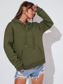 SHEIN Unity Kangaroo Pocket Thermal Lined Drawstring Hoodie - Army Green - View 3