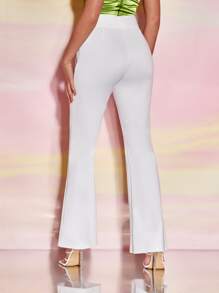 SHEIN BAE Solid Flare Leg Belted Trousers - White - View 2