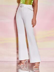 SHEIN BAE Solid Flare Leg Belted Trousers - White - View 5