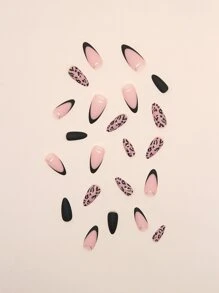 Upgrade Your Look With 24pcs Long Almond Black French Matte Leopard Golden Line Fake Nail & 1pc Nail File & 1sheet Tape Press On Nails Nail Supplies