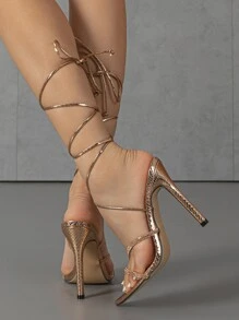 Talons hauts pour femmes pour le printemps/été, sandales élégantes de haute qualité à bout pointu avec stras brillants, surface miroir sexy, lacets. Élégantes et nobles de couleur marron.