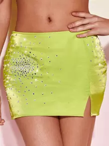 SHEIN BAE Falda bajo con abertura con diseño de diamante de imitación de satén - Verde Lima - Ver 1