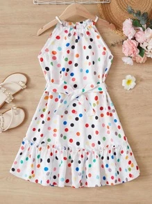 SHEIN Girls Polka Dot Print Ruffle Hem Belted Halter Dress - White - View 1