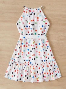SHEIN Girls Polka Dot Print Ruffle Hem Belted Halter Dress - White - View 2