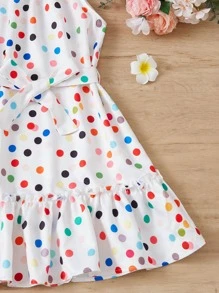 SHEIN Girls Polka Dot Print Ruffle Hem Belted Halter Dress - White - View 3