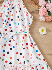 SHEIN Girls Polka Dot Print Ruffle Hem Belted Halter Dress - White - View 4