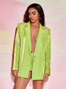 SHEIN BAE Blazer con cuello de solapa, un solo botón y aplicaciones de strass para otoño/invierno - Verde Lima - Ver 1
