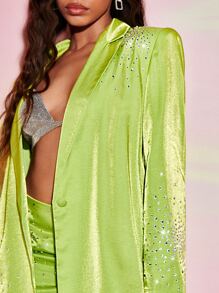 SHEIN BAE Blazer con cuello de solapa, un solo botón y aplicaciones de strass para otoño/invierno - Verde Lima - Ver 5