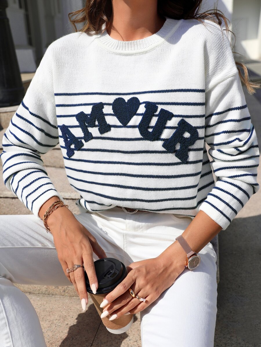 SHEIN Frenchy Striped & Letter Pattern Drop Shoulder Jumper - White - View 1
