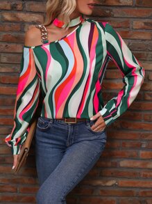 SHEIN LUNE 滿版印花鏈條細節不對稱領襯衫 - 彩色 - 查看 1