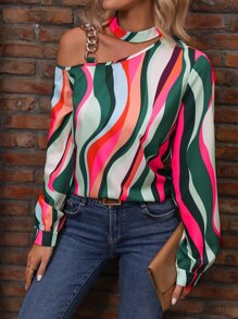 SHEIN LUNE 滿版印花鏈條細節不對稱領襯衫 - 彩色 - 查看 4