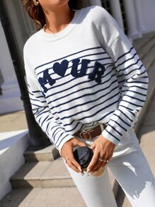 SHEIN Frenchy Striped & Letter Pattern Drop Shoulder Jumper - White - View 4