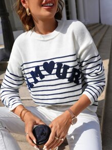 SHEIN Frenchy Striped & Letter Pattern Drop Shoulder Jumper - White - View 5