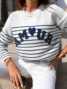 SHEIN Frenchy Striped & Letter Pattern Drop Shoulder Jumper - White - View 6