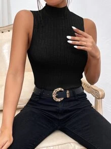 SHEIN Essnce Mock Neck Ribbed Knit Tank Top - Black - View 1
