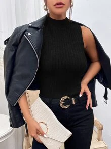 SHEIN Essnce Mock Neck Ribbed Knit Tank Top - Black - View 3