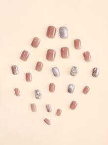 24入組短款橢圓形貓眼3D人造假指甲，可拆卸式貼式指甲& 1入組指甲磨刀& 1張指甲膠帶指甲用品，讓您的指甲焕然一新 - 彩色 - 查看 4