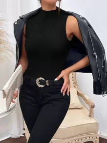 SHEIN Essnce Mock Neck Ribbed Knit Tank Top - Black - View 6