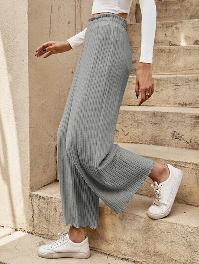 SHEIN LUNE 紙袋腰木耳邊條紋針織闊腿褲