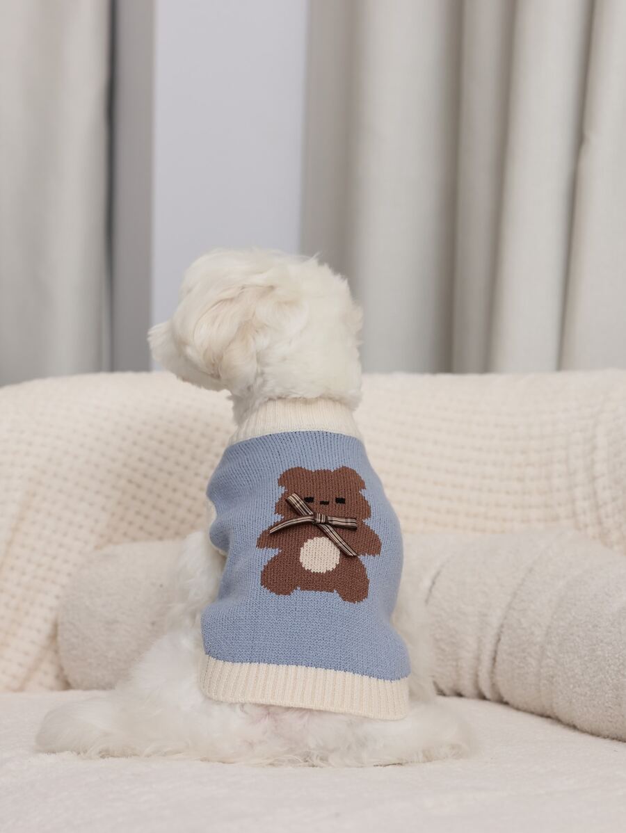 熊圖案蝴蝶結裝飾寵物毛衣 - 藍色 - 查看 1