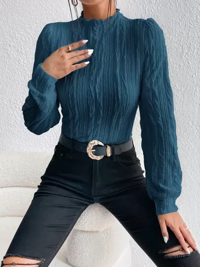 SHEIN Essnce Mock Neck Lettuce Trim Puff Sleeve Tee