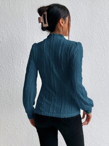 SHEIN Essnce Mock Neck Lettuce Trim Puff Sleeve Tee - Teal Blue - View 2