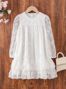 Toddler Girls Lace Overlay Ruffle Hem Dress - White - View 1