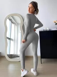 SHEIN Essnce Solid Ribbed Knit Scoop Neck Unitard Jumpsuit - Grey - View 2