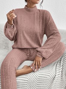SHEIN Essnce Mock Neck Rib Knit Drop Shoulder Tee & Tie Front Pants