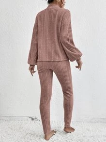 SHEIN Essnce Mock Neck Rib Knit Drop Shoulder Tee & Tie Front Pants