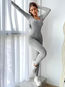 SHEIN Essnce Solid Ribbed Knit Scoop Neck Unitard Jumpsuit - Grey - View 1